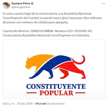 El presidente Petro comparte los datos bancarios para recibir aportes ciudadanos a favor de la constituyente. - crédito @petrogustavo/X