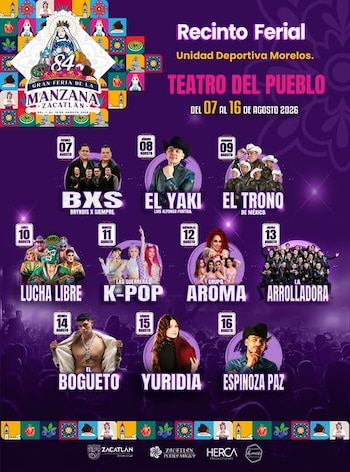 Póster morado con el programa de la 84 Gran Feria de la Manzana de Zacatlán, del 7 al 16 de agosto de 2026. Muestra fotos de varios artistas y eventos