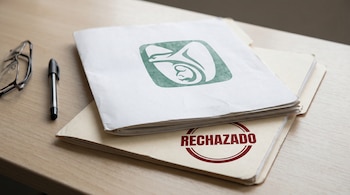 Una carpeta blanca con el logo del IMSS apilada sobre una carpeta beige con un sello rojo de 'rechazado'. Un bolígrafo negro y unas gafas de lectura están a un lado.
