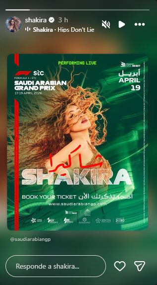 La cantante se sumará a otras figuras como Travis Scott, Justin Bieber o Alicia Keys que participaron como acto musical durante el Gran Premio de Arabia Saudí en años anteriores - crédito @shakira/Instagram