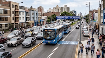 Buses azules circulan por un carril exclusivo marcado en la pista, junto a filas de automóviles y personas caminando por la acera
