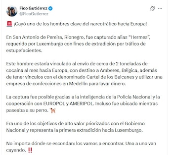 El expediente indica que una empresa de confecciones en Medellín habría sido usada como fachada para el lavado de activos del narcotráfico - crédito @FicoGutierrez/X