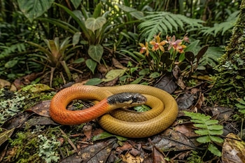 Serpiente Colúbrida con cabeza negra, cuello naranja y cuerpo oliva, posada sobre el suelo de un bosque tropical, rodeada de hojas y vegetación verde