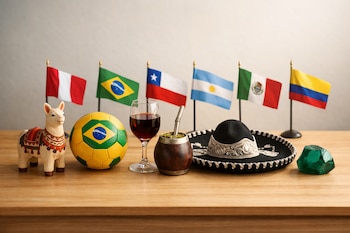 Seis objetos: una llama, un balón de fútbol, una copa con vino, un mate, un sombrero charro y una esmeralda; con seis banderas de países, sobre una mesa.