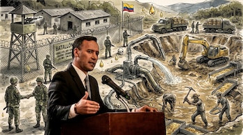 Hombre en podio ante una ilustración de minería ilegal de oro y un batallón militar colombiano con soldados, excavadoras, mineros y la bandera de Colombia.