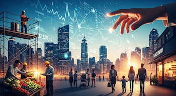 Escena urbana con rascacielos, mercado de frutas, obreros en andamios y personas. Una mano grande y gráficos financieros digitales flotan sobre la ciudad.