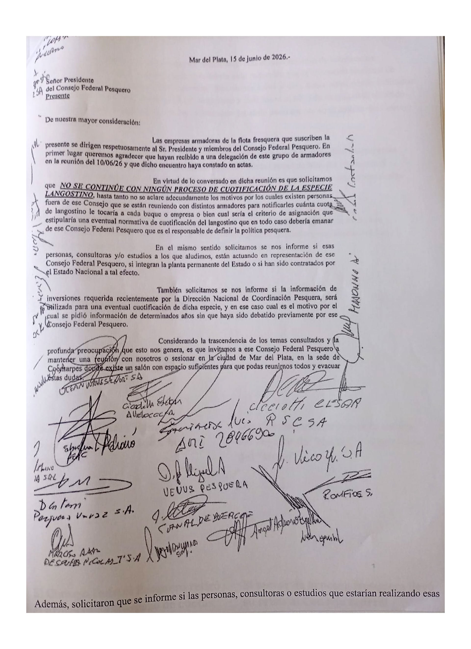 La primera pagina de la nota de pesqueros marplatenses al titular del Consejo Federal Pesquero