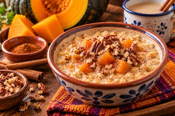 La avena caliente con calabaza en dulce es una opción sencilla para el desayuno o la cena. Se prepara con leche, canela y pulpa de calabaza cocida con piloncillo, y puede acompañarse con nueces para darle textura y sabor
