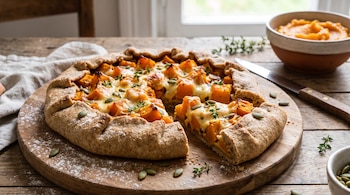 Tarta de masa integral rellena de calabaza y queso sobre una tabla de madera, junto a una porción cortada, un cuchillo y un cuenco con puré.