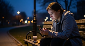 Mujer sentada en un banco de parque oscuro mirando un teléfono móvil, con un vaso de cartón al lado y luces de la ciudad borrosas al fondo.