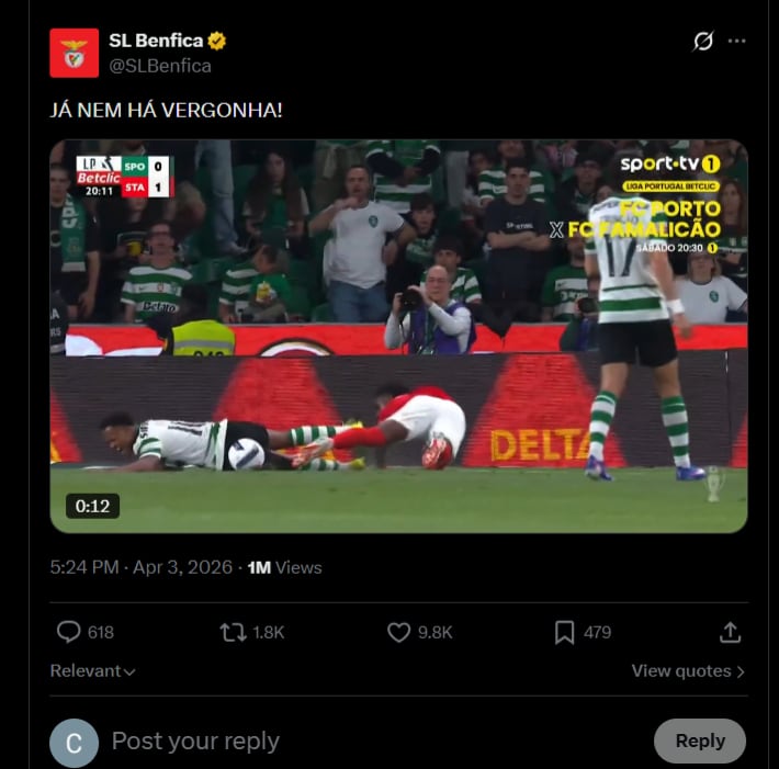 El cuadro lisboeta criticó las acciones que favorecieron a sus rivales de ciudad en la victoria por 4-2 ante Santa Clara por la Liga de Portugal-crédito @SLBenfica/X