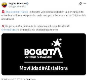 Las autoridades cerraron la estación Venecia durante dos horas para adelantar las labores forenses y de investigación tras el fallecimiento de un hombre cuya identidad aún no ha sido confirmada - crédito @BogotaTransito / X