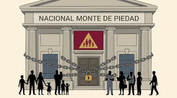 Ilustración plana de la fachada del Nacional Monte de Piedad encadenada y con candado, con su logo visible. Siluetas de familias y trabajadores frente a la entrada.