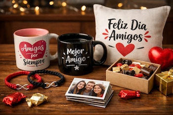 Taza blanca "Amigas por Siempre", taza negra "Mejor Amigo", dos pulseras, fajo de fotos, caja con bombones, almohadón "Feliz Día Amigos", globo rojo, regalos.