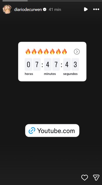 Interfaz de red social con perfil de diariodecurwen. Un contador de 7 horas, 47 minutos, 43 segundos y un enlace a Youtube.com son visibles