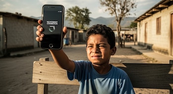 Un niño centroamericano con una camiseta azul y expresión seria levanta un teléfono móvil que muestra la pantalla 'NO INTERNET CONNECTION'.