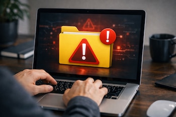 Manos de una persona tecleando en un computador portátil. En la pantalla aparece el ícono de una carpeta amarilla con dos símbolos de alerta rojos.