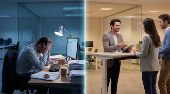 Composición dividida: a la izquierda, empleado agotado en un escritorio desordenado con poca luz; a la derecha, el mismo empleado atiende a un cliente sonriente en un espacio de trabajo ordenado.