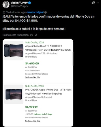 El iPhone Duo de Apple se revende hasta por 5.000 dólares tras agotarse en preventa. (X)