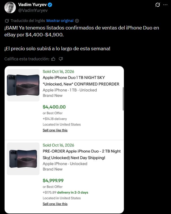 El iPhone Duo de Apple se revende hasta por 5.000 dólares tras agotarse en preventa. (X)