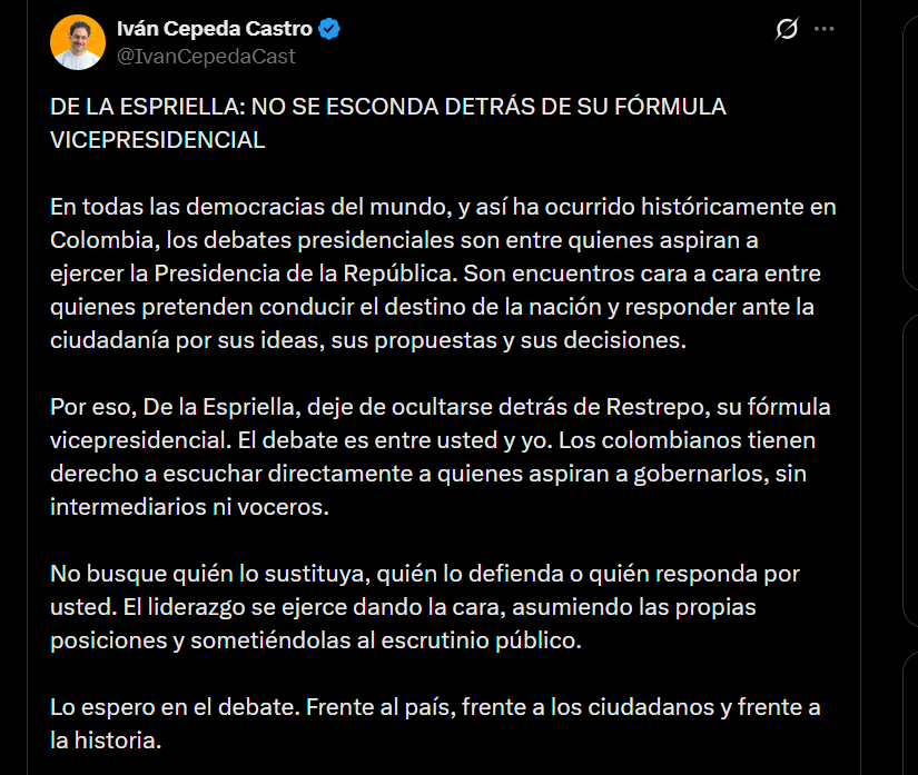 Iván Cepeda rechazó la idea de debatir junto con las fórmulas vicepresidenciales - crédito @IvanCepedaCast/X