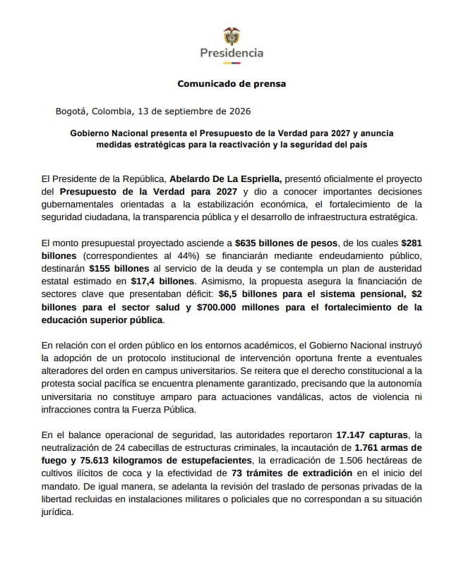 Según informó el Gobierno, la iniciativa contempla financiar $281 billones mediante endeudamiento, una suma equivalente al 44% del total proyectado - crédito Presidencia