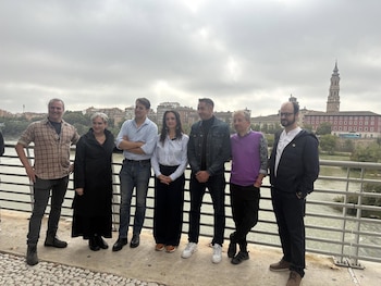16/10/2026 Ada Colau (Frente Amplio), Jorge Pueyo (CHA), Marta Abengochea (IU-Sumar) y Emilio Delgado, tras el acuerdo electoral del Frente Amplio en Aragón.
ESPAÑA EUROPA ARAGÓN POLÍTICA