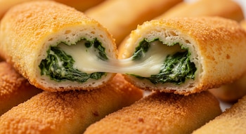 Primer plano de dos fingers de espinaca y queso crujientes, partidos por la mitad, mostrando el queso derretido y la espinaca verde dentro.