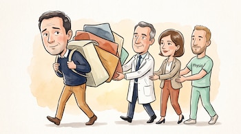 Un hombre camina con una mochila voluminosa mientras un médico, una mujer de traje y un fisioterapeuta la sostienen por detrás.
