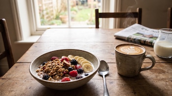 Un bol de cereales con frutos rojos y plátano, una cuchara, una taza de café, un periódico doblado y una jarra de leche sobre una mesa de madera.