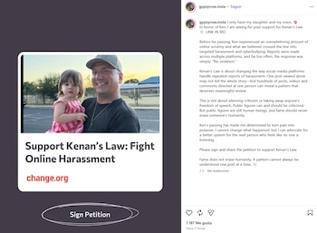 Publicación de Instagram con un cartel de Change.org que muestra a un hombre con una niña y el texto "Support Kenan's Law: Fight Online Harassment"