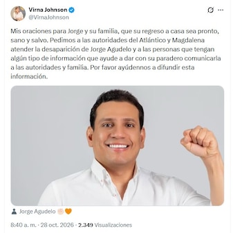La exalcaldesa Virna Johnson se solidarizó con la familia de Jorge Agudelo tras su desaparición (@VirnaJohnson/X)