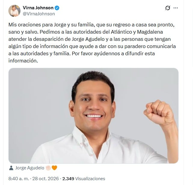 La exalcaldesa Virna Johnson se solidarizó con la familia de Jorge Agudelo tras su desaparición (@VirnaJohnson/X)