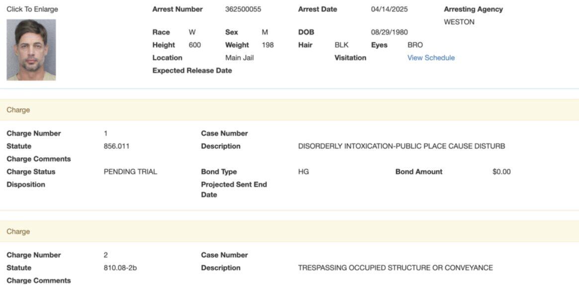 William Levy fue arrestado por cargos de violación de la propiedad privada y por alteración del orden público en el condado Broward de Miami - crédito @adn40/X
