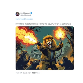 La imagen del presidente Milei con la cabeza del león portando un arma con fuego para matar a las ratas. Ese meme fue otro de los memes compartido por Milei