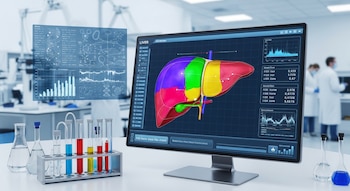 Una pantalla de ordenador en un laboratorio con un modelo 3D de un hígado humano multicolor y gráficos de datos. A la izquierda, tubos de ensayo y matraces.