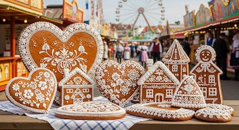 Pan de jengibre checo con formas de corazón, casas y figuras, decorado con glaseado blanco y motivos florales, sobre una mesa con feria y noria al fondo.