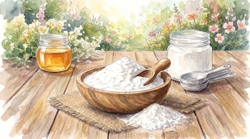 Frasco con miel, bol de madera con harina, cuchara de madera, frasco con polvo blanco, cucharas medidoras, mesa de madera, jardín.