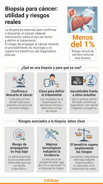 Infografía sobre biopsia para cáncer. Muestra ilustraciones de un hígado con aguja, un microscopio, un médico, una ecografía y una balanza de riesgo/beneficio.