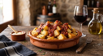 Cazuela de barro con patatas y salsa roja, copa de vino tinto, botella de aceite, cuenco con salsa blanca, tenedor, servilleta y mesa de madera
