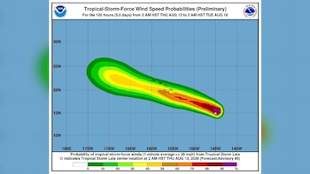 Mapa del Pacífico Central con zonas de colores que indican probabilidades de velocidad de viento de tormenta tropical sobre Hawái, con leyenda de porcentajes y logos de NOAA