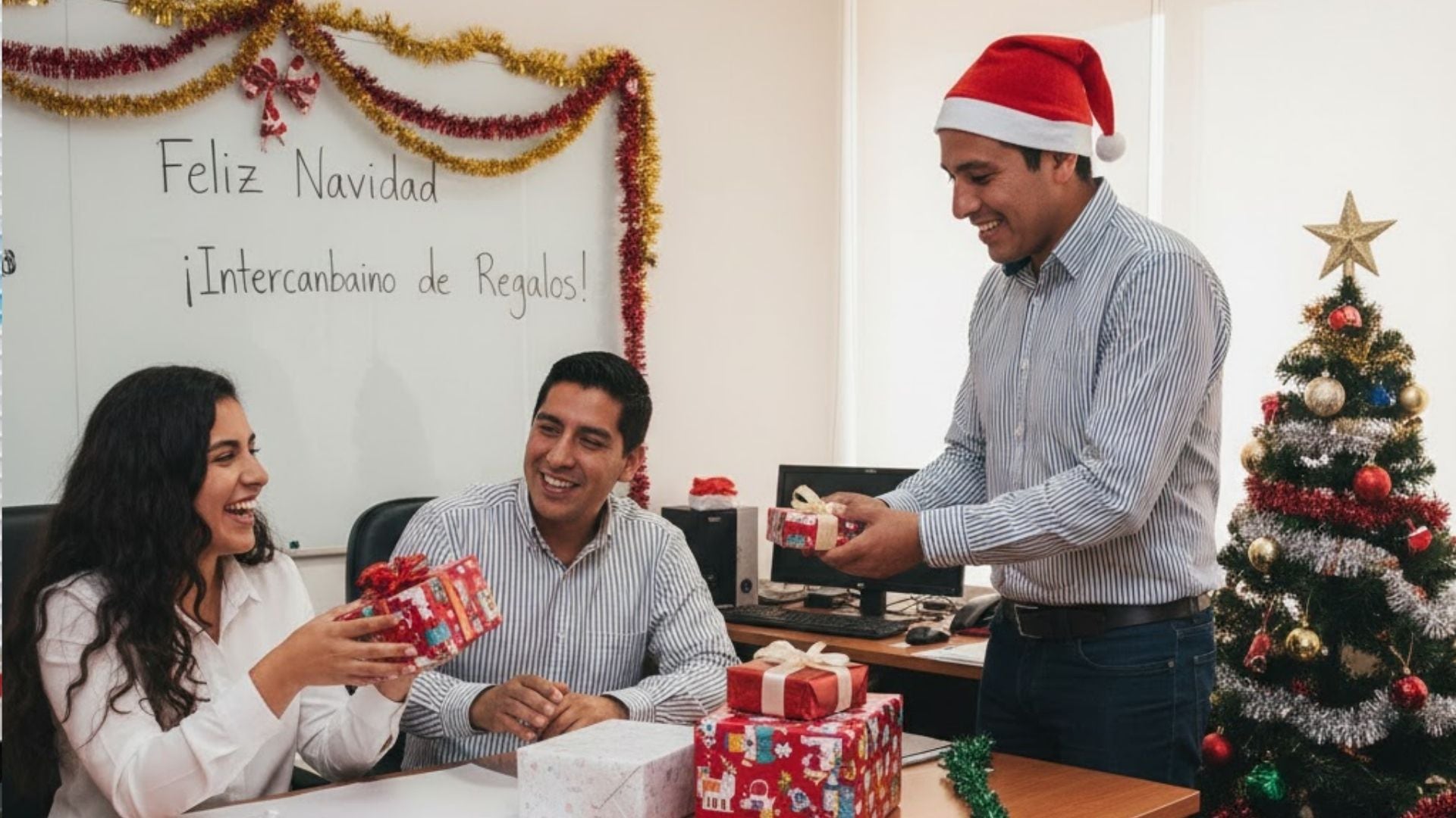 Compañeros de trabajo intercambiando regalos por Navidad |Foto generada por IA / Infobae Perú