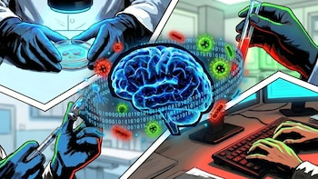 Ilustración de un cerebro digital azul rodeado de código binario y virus. Manos enguantadas manipulan muestras y jeringas; se ven pantallas de ordenador