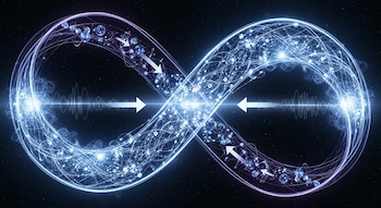 Una ilustración digital de un símbolo de infinito azul brillante con partículas y líneas de energía, y flechas que indican flujo, sobre un fondo estrellado.