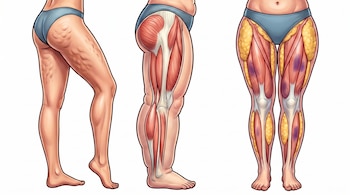 Ilustraciones de tres piernas femeninas mostrando piel con celulitis, anatomía muscular y ósea, y distribución de grasa y músculos.