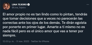 Respuesta de Lina Tejeiro a las reacciones de los cibernautas a su publicación del pasado jueves y a los últimos movimientos de su ex-pareja en Twitter
