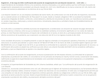 Lac Lee, icónica textilera colombiana, evita la quiebra y preserva 434 empleos directos gracias a la reestructuración empresarial - crédito Superintendencia de Sociedades