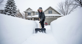 Persona con abrigo retirando grandes cantidades de nieve con una pala delante de una casa nevada.