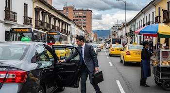 Un hombre vestido con traje y corbata abre la puerta de un coche oscuro para subirse, en una calle concurrida de Bogotá con taxis amarillos, autobuses y edificios.