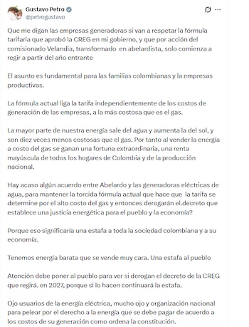 El jefe de Estado sostuvo que es fundamental que el próximo gobierno trabaje para que los colombianos accedan al servicio de energía de forma económica - crédito @petrogustavo/X